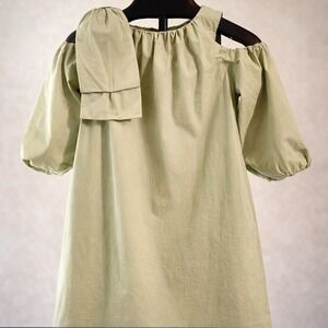 Zara Girls Poplin Dress Size 11/12 Cut Out Shoulder Bow Detail - Olive